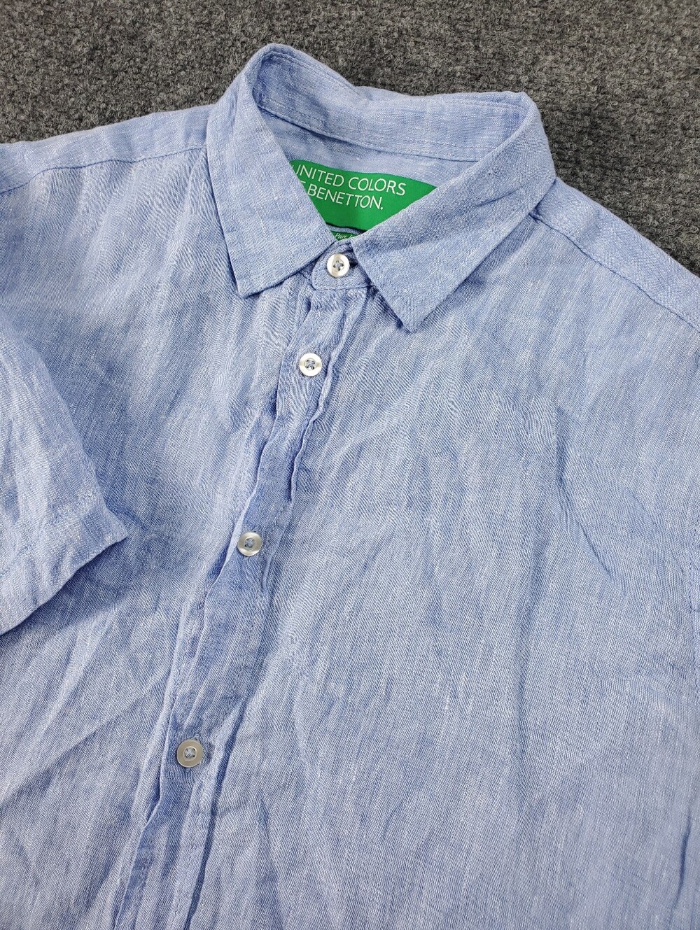 United Colors Of Benetton Pure Linen Shirt Large Short Sleeve Button Up Blue